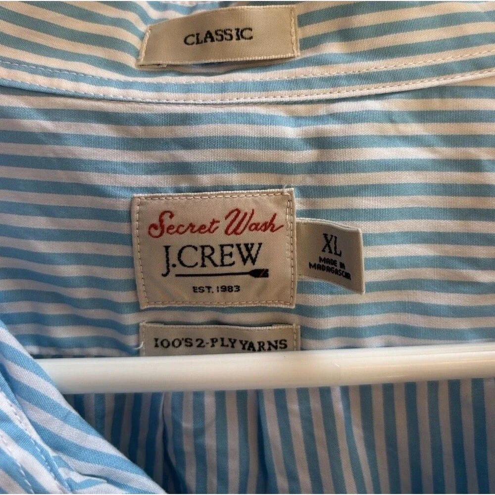 J Crew Secret Wash Classic Fit Blue White Stripe Button Down Shirt Men's XL